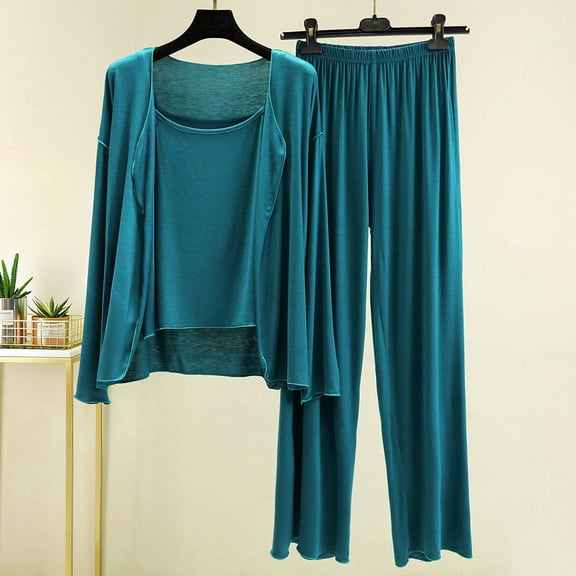 QUNYINEY Cotton Pajama Set for Women Green 3 Piece Long Sleeve Soft Shirts And Pants Crew Neck with Smock Loungewear for Women