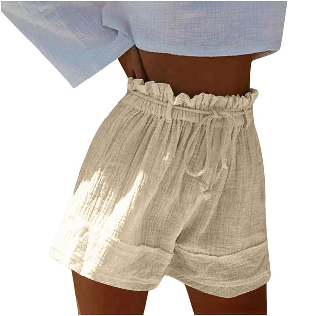 Womens Linen Shorts High Waisted Ruffled Wide Leg Drawstring Summer Beach Shorts With Pockets Khaki
