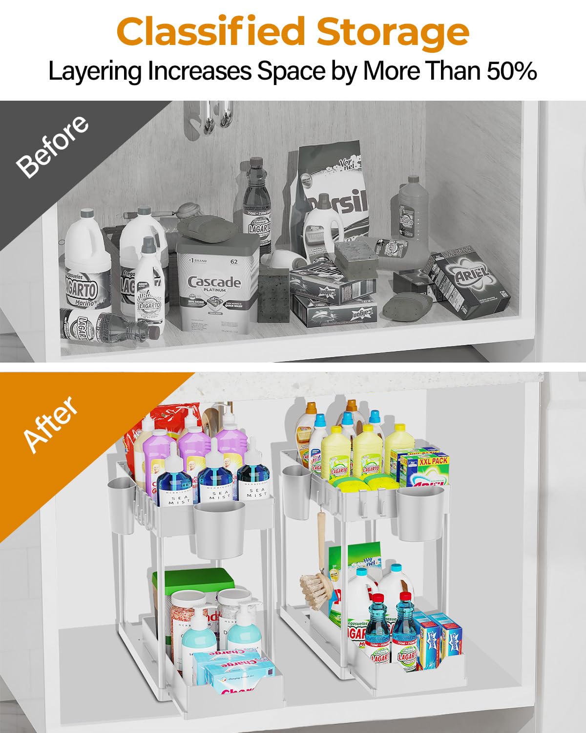DILEASIR 2 Pack Kitchen Under Sink Organizer, with Hooks, Hanging Cup, for Bathroom, Laundry room, White