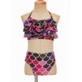 thumbnail image 2 of TiaoBug 2 Pcs Kids Girls Mermaid Bikini Swimsuit Set Fish Scales Print Halter Ruffle Swim Crop Top with Brief Swimwear Black&Red 5-6, 2 of 7