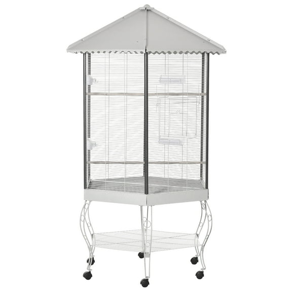Noaman PawHut 77" Flight Bird Cage Hexagon Covered Canopy Portable Aviary With Storage, White Steel Large Bird House for Multiple Birds, Easy Rolling Casters