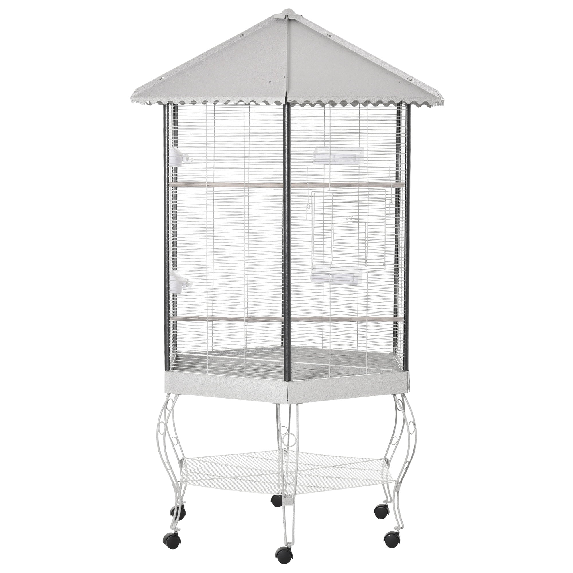 Noaman PawHut 77" Flight Bird Cage Hexagon Covered Canopy Portable Aviary With Storage, White Steel Large Bird House for Multiple Birds, Easy Rolling Casters