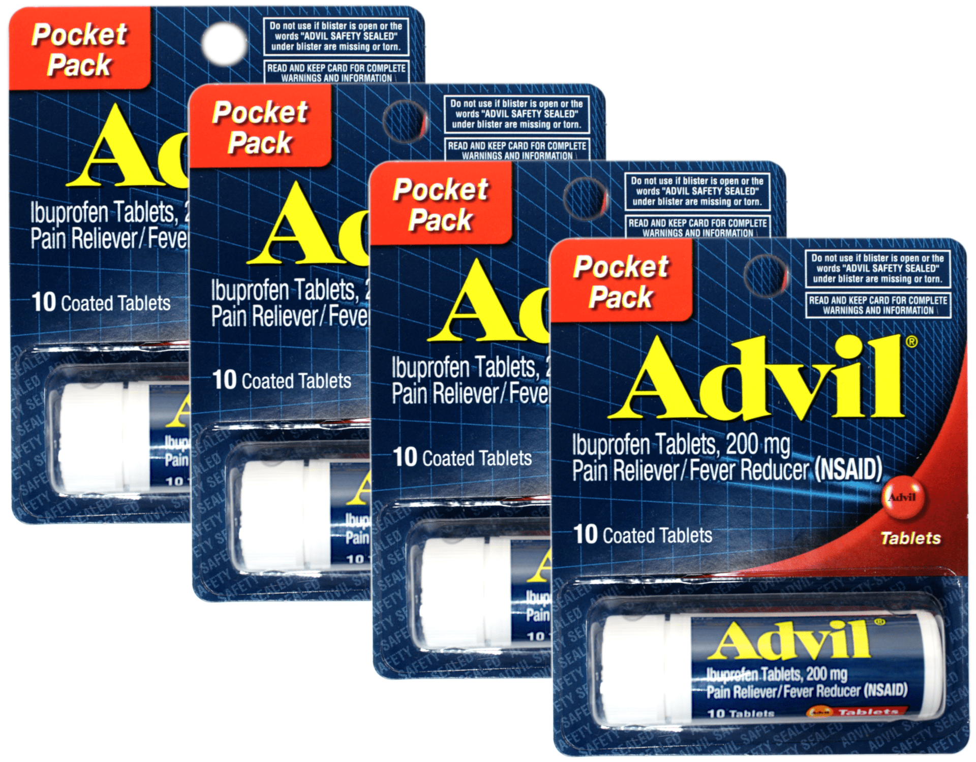 Advil Coated Tablets Pain Reliever and Fever Reducer, Ibuprofen 200mg, 10 Count Vial, Fast Pain Relief, Travel Size Pack of 4