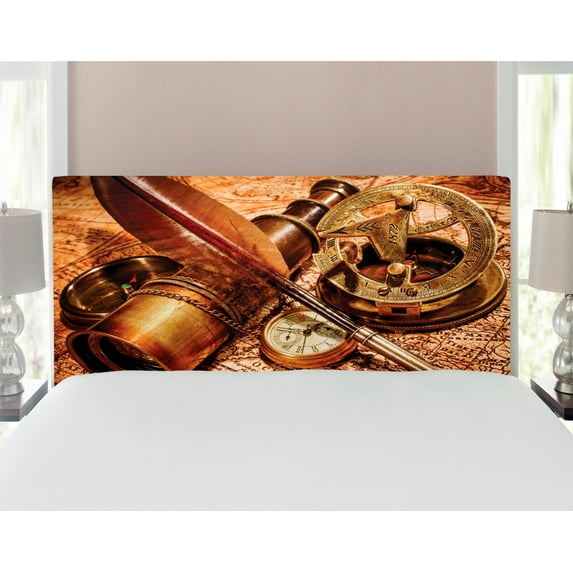Antique Headboard, Compass Goose Quill Pen Spyglass and a Pocket Watch Lying on an Old Map Print, Upholstered Decorative Metal Bed Headboard with Memory Foam, Full Size, Orange Brown, by Ambesonne
