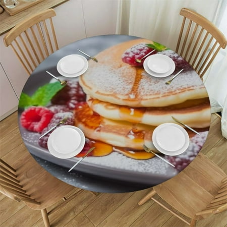 

Orinice Round Table Cover with Pancakes Berries Powdered Sugar Theme Stain Resistant and Washable Perfect for Indoor and Outdoor Use Elastic Edge 100% Polyester Fiber 31-35