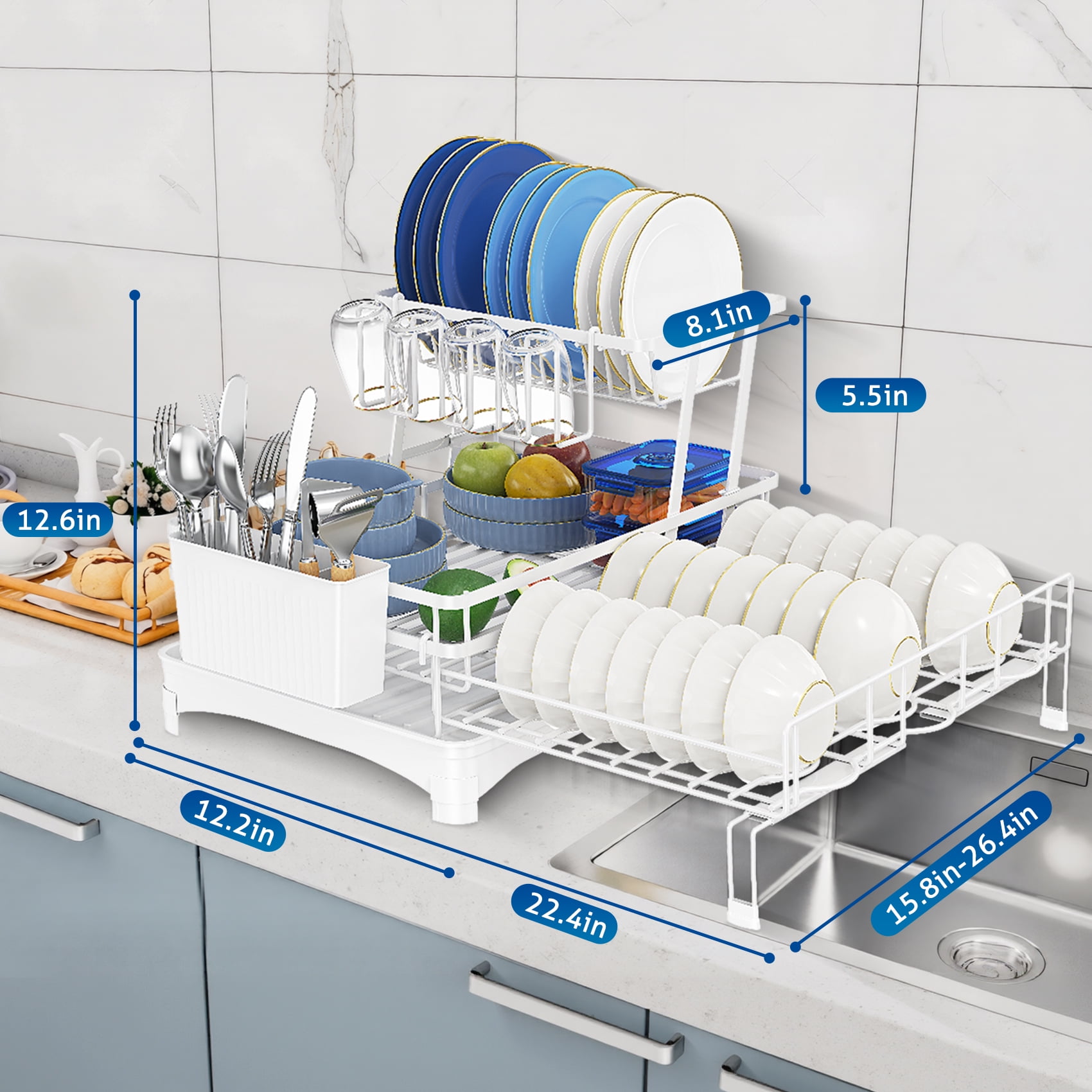 Glovv 2-Tier Collapsible Over the Sink Dish Drying Rack, Kitchen Sink Organizer with Auto Drainage System, Dish Racks for Kitchen Counter with 4 Cup Holders,White