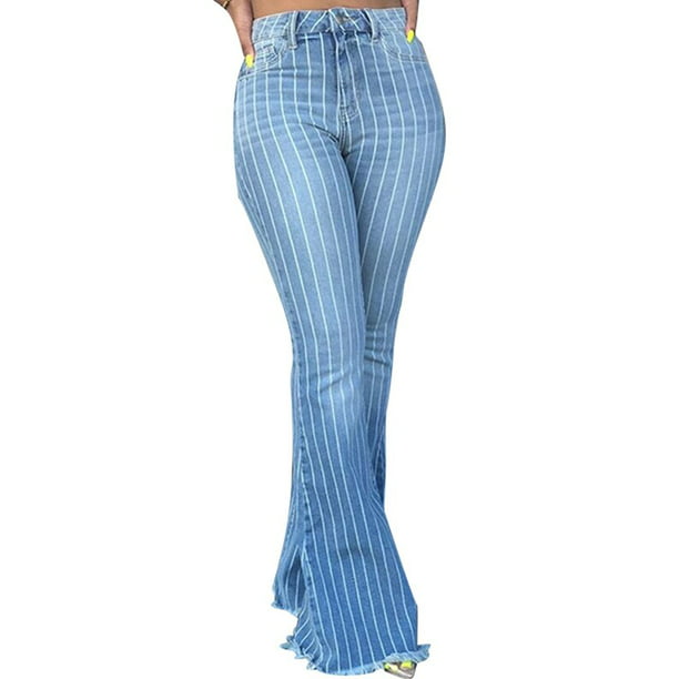 Women Striped Bell Bottom Jeans Ripped Destroyed Denim Pants - Walmart.com
