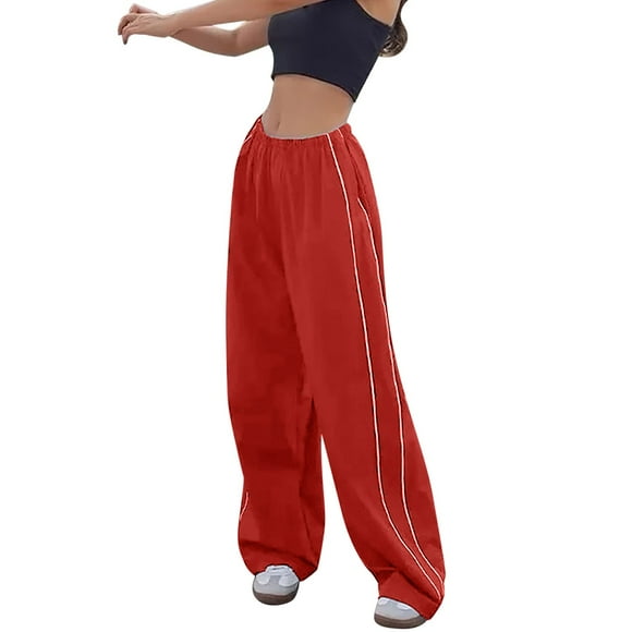 Womens Casual Pants Elastic Waist Loose Cargo Retro Multi Pocket Low Waist Drawstring Pig Nose Buckle Slim Straight Woven Red M