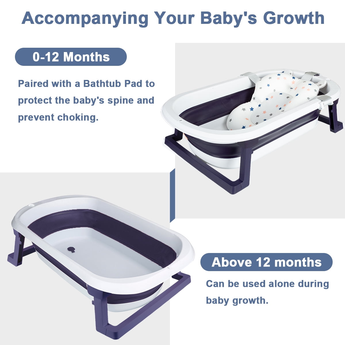 ANJORALA Foldable Baby Bath Tub with Toys, Portable Newborn Infant Bathtub, Blue+Floating Mat