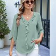 thumbnail image 4 of Blusas Informales Elegantes para Mujer, con Mangas 3/4, Cuello en V y Volantes, Verde , Talla S, 4 of 7