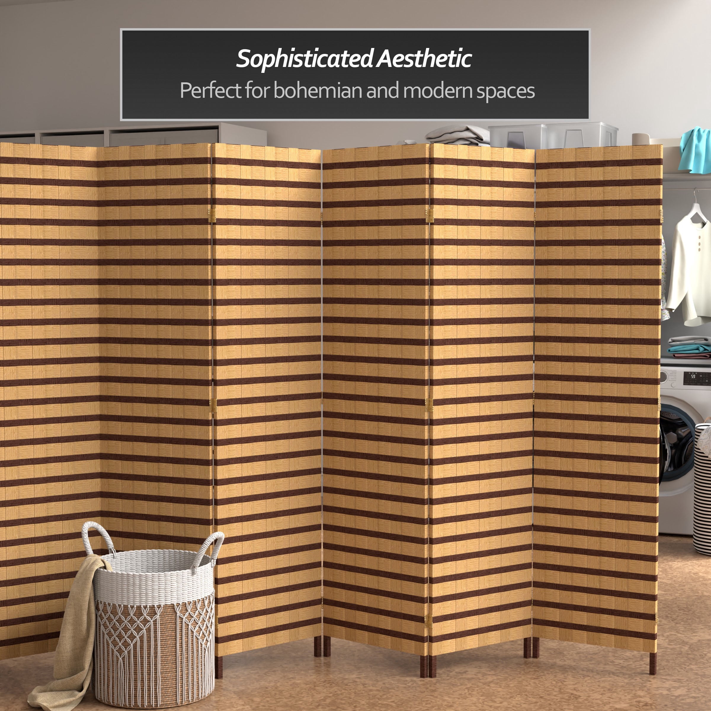 6 ft. Tall Two Tone Natural Fiber Room Divider - 6 Panel