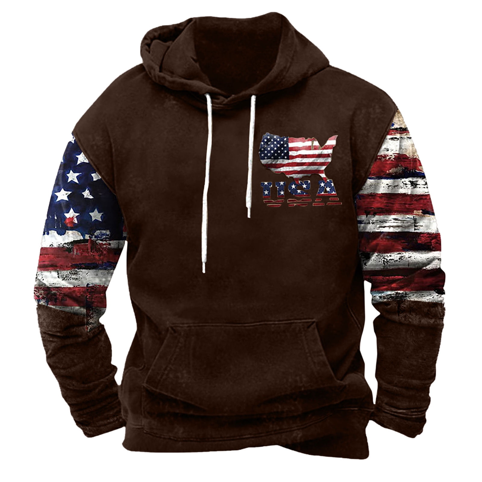 DDAPJ pyju American Flag Hoodies for Men USA Graphic Hooded Sweatshirts Western Aztec Ethnic Drawstring Pullover Tops with Kangaroo Pocket Brown XXXL