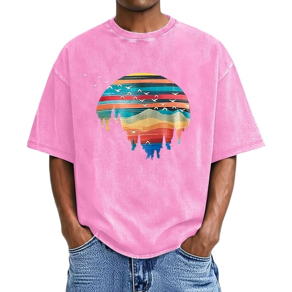 IWRICH Men's Acid Washed Casual Crew Neck Plus Size T Shirts Graphic Printed Short Sleeve Tshirts Casual Loose Fit Summer Oversize Tees Pink XL