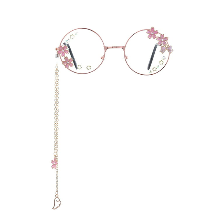 DCOOLMOOGL Kawaii Glasses with Chain Cute Pink Sakura Cosplay Accessories Eyeglasses for Women Girls, Size: One Size