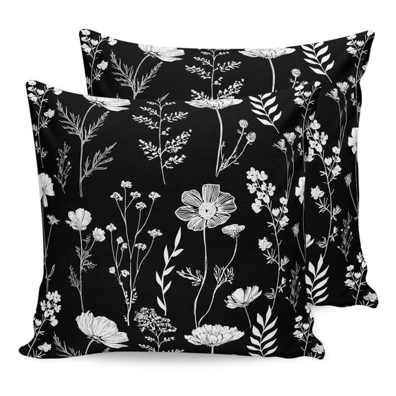 Pillow Covers 20x20 Set of 2, Black Wildflowers Throw Pillow Covers Decorative Couch Cushion Cover, Farmhouse Floral Botanical Leaves Microfiber Soft Square Pillowcases for Bedroom Living Room Sofa