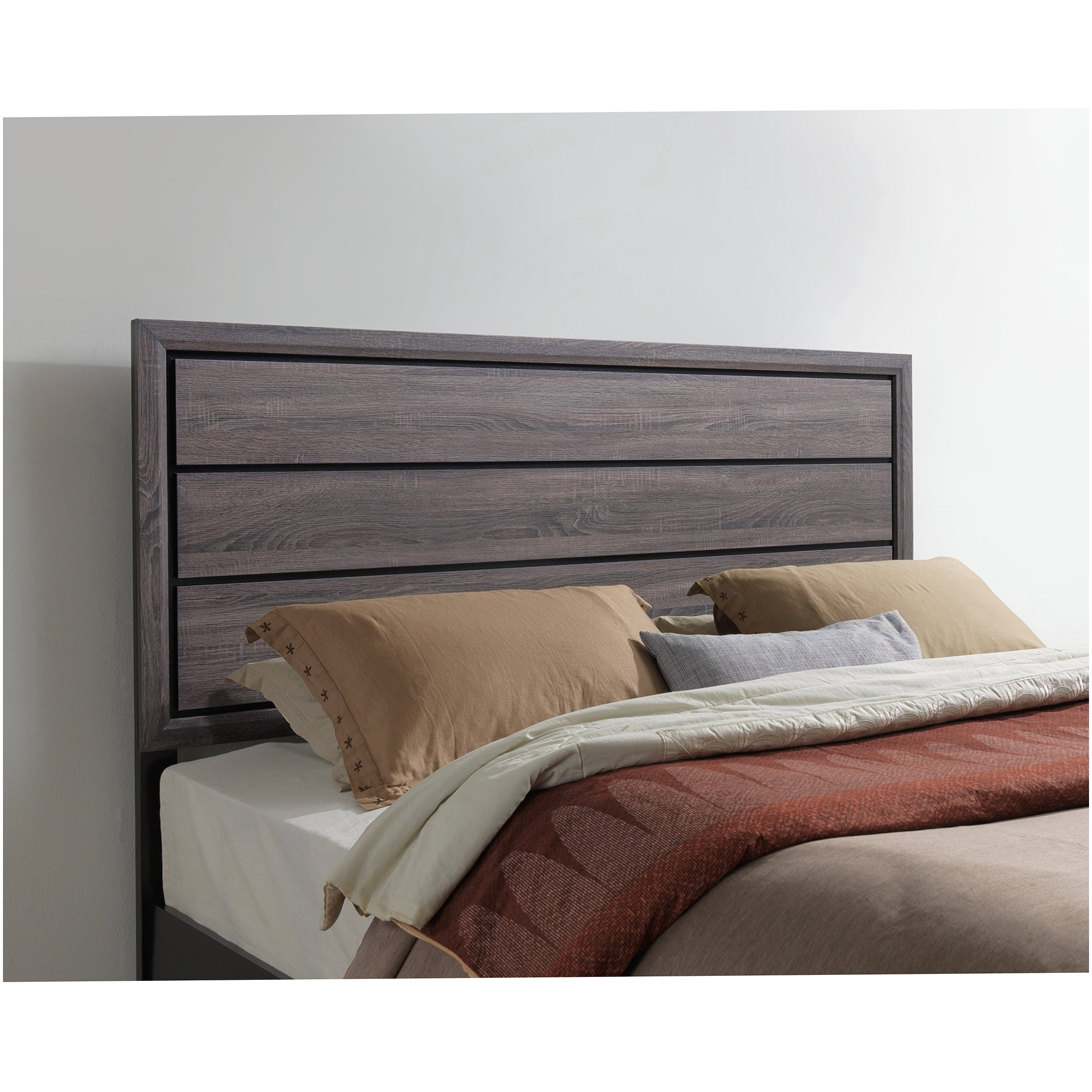 King Size Platform Bed Frame with Upholstered Headboard, Modern Low Profile Bedroom Furniture in Gray and Black, Wood Slat Support