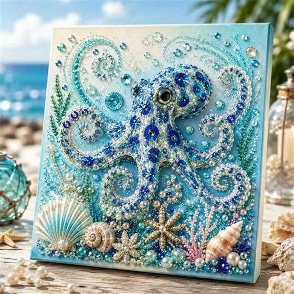 Ocean Theme Pearl Art DIY Kit, Octopus DIY Pearl Painting Set, Sparkling Coastal Wall Decoration with Octopus Diamond Pearl Art for Beach Enthusiasts