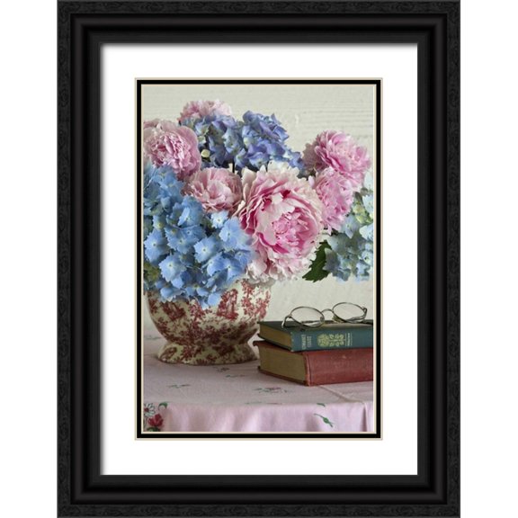 Paulson, Don 23x32 Black Ornate Wood Framed with Double Matting Museum Art Print Titled - Hydrangea and peony arrangement on table