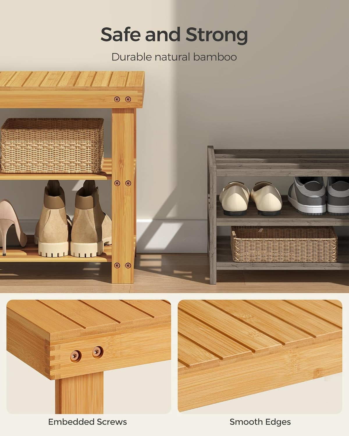 3-Tier Shoe Rack Bench, Hallway Bamboo Organizer, Home Storage Shelf with Holds 286 lb, Natural