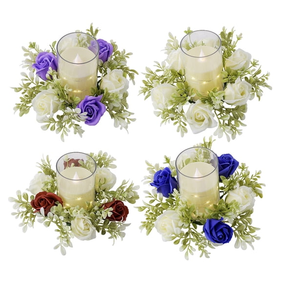 Artificial Rose Candle Ring Pillar Candles Greenery Flower Wreath Seasonal Candle Ring for Wedding Centerpiece Holiday Decor