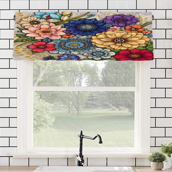 Remain Unique Floral Mandala Pattern Rod Pocket Polyester Curtain Valance for Home Kitchen Bedroom Living Room Window Decor 54x18 inch
