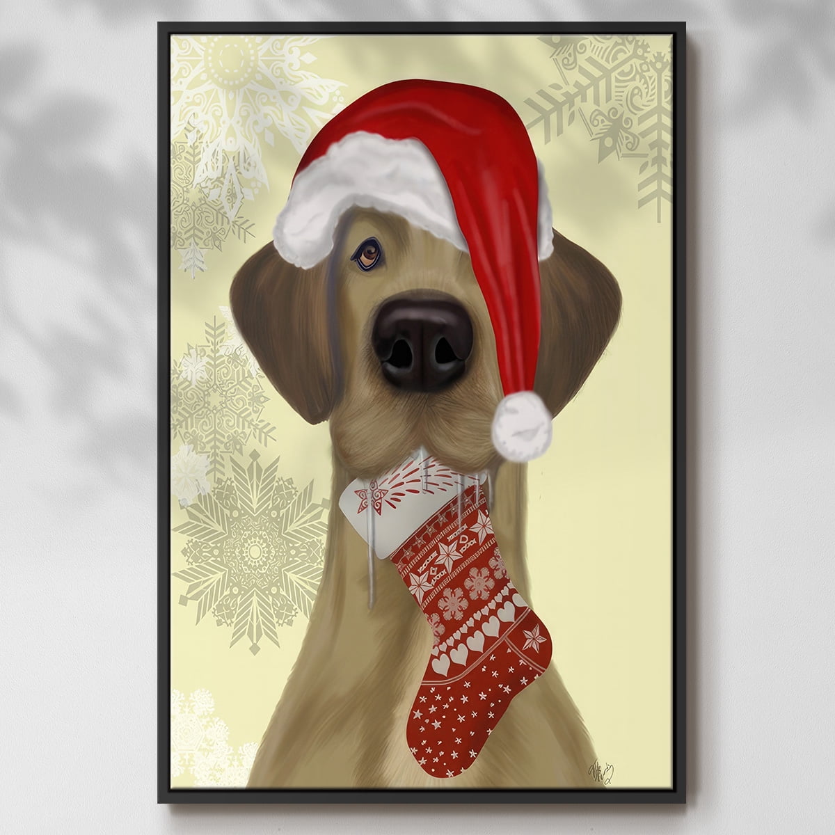 Christmas Drooly Christmas Dane - Framed Gallery Wrapped Holiday Canvas - 27 x 41 - Black Frame
