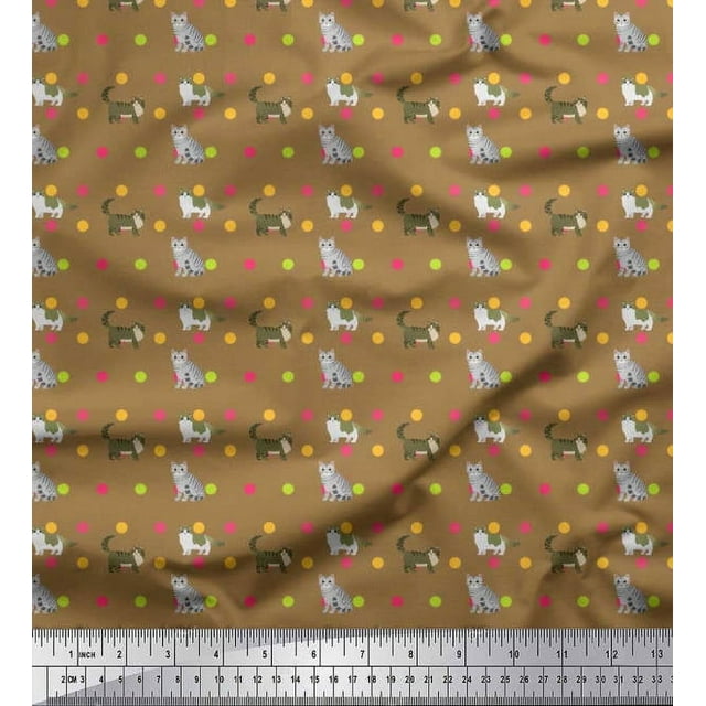 Soimoi Tissu en Rayonne à Pois & Imprimé Animal Chat pour Couture, Largeur 56 Pouces