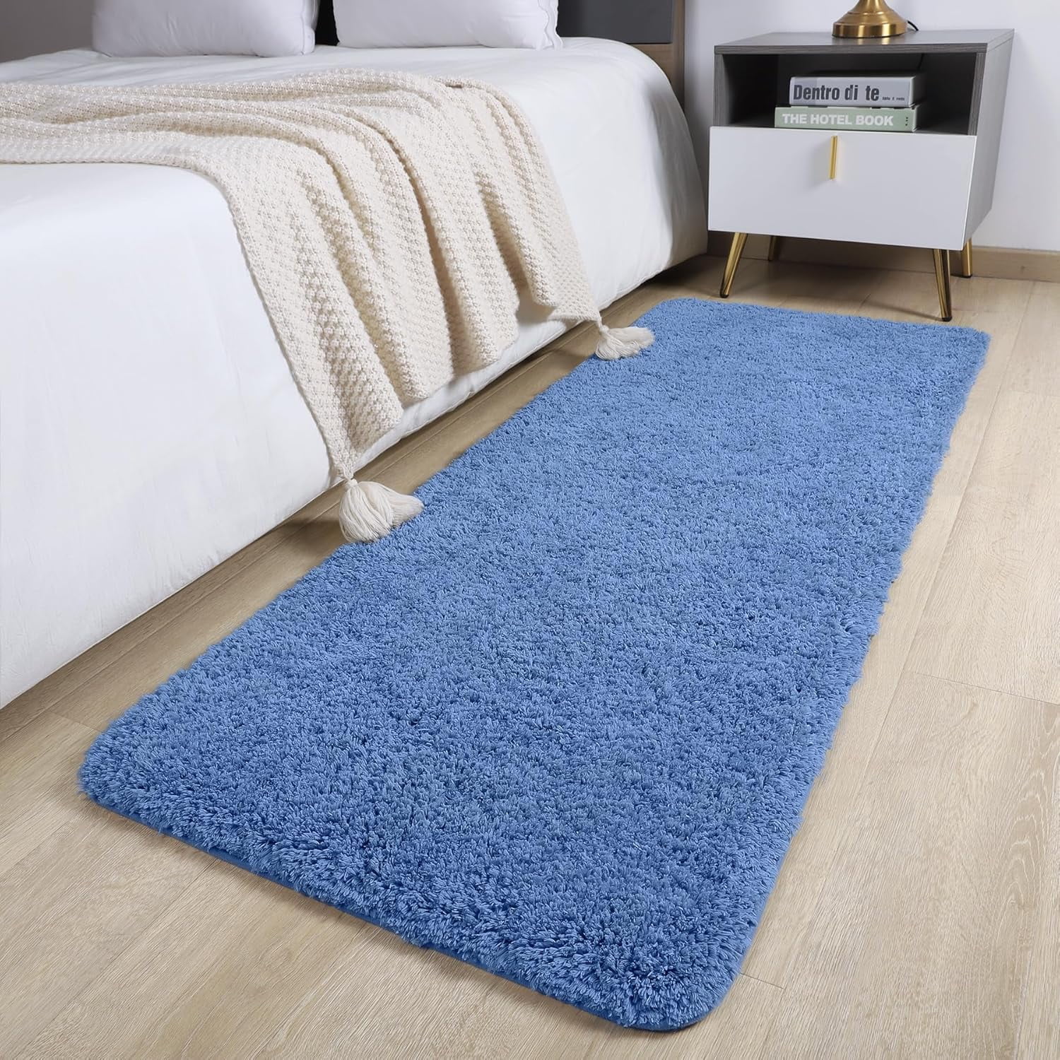 Luxury Long Bathroom Runner Rug, 24x60 Inch Thick Soft and Absorbent Non Slip Bath Mat, Rubber Backing Quick Dry Rugs Carpets, Machine Washable Plush Mats for Shower Floor, Blue