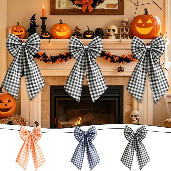 UALSRZL Halloween Wreath Bow, Fall Large Fabric Bow for Wreath, Plaid Wreaths Bows for Front Door Halloween Thanksgiving Party Decoration, Navy