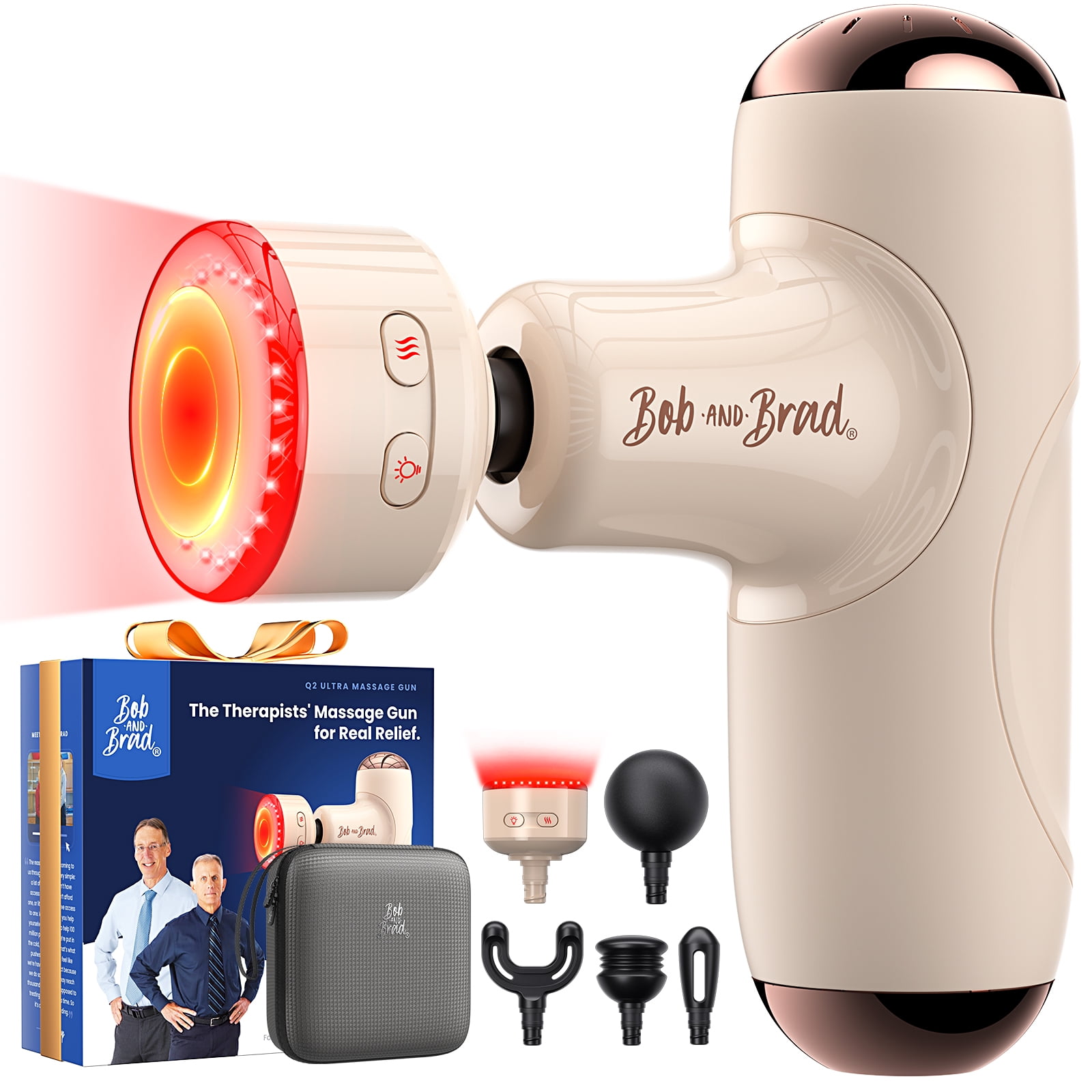Bob and Brad Q2 Ultra Mini Massage Gun with Radiant Heat, Portable, Ultra-Quiet Handheld Massager, Muscle Comfort, 5 Speeds+5 Heads with Carry Case for Travel