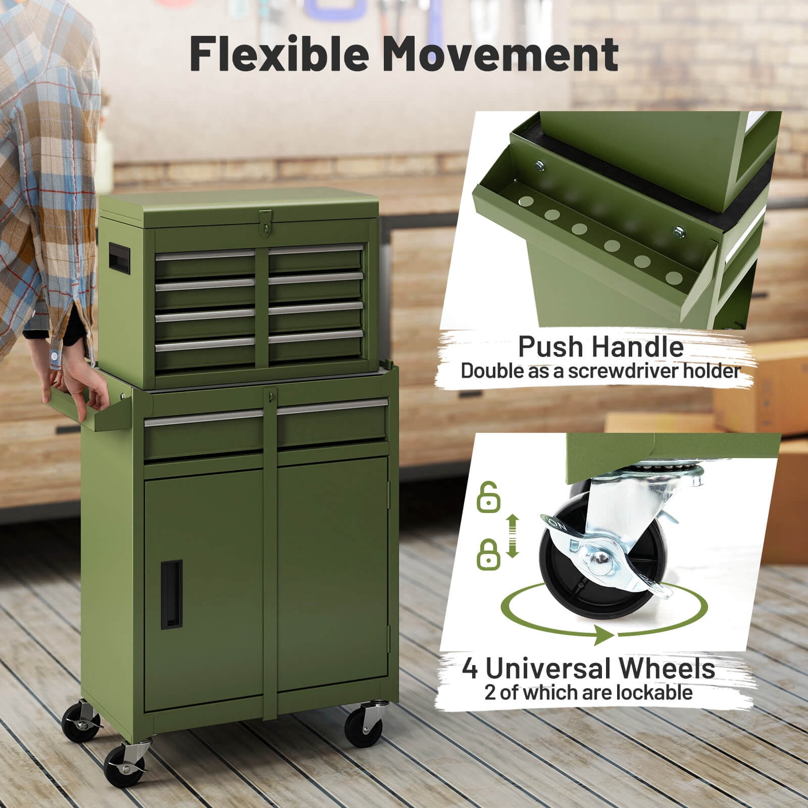 Costway 2 in 1 Tool Chest & Cabinet with Sliding Drawers Rolling Garage Organizer Green