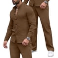 thumbnail image 4 of Men's 2 Piece Vertical Striped Textured Outfits Summer Casual Long Sleeve Button Down Shirts and Pants Matching Sets Coffee, 4 of 8