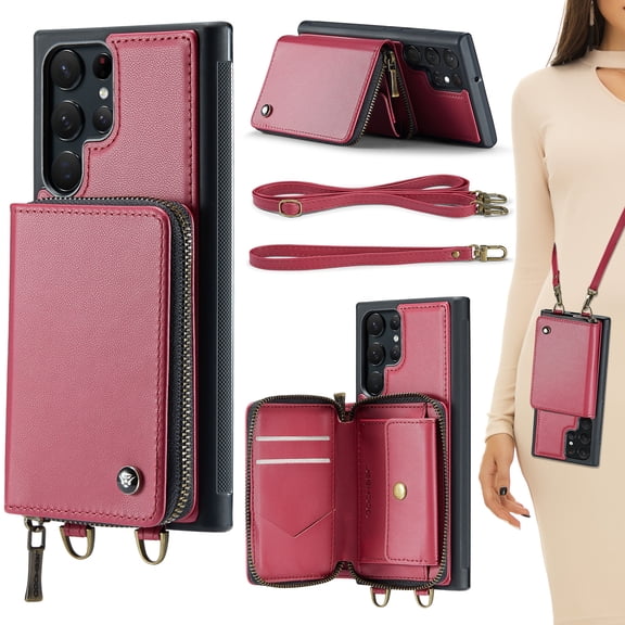 Compatible With Samsung Galaxy S23 Ultra Case Zipper Card Pocket Kicktstand Crossbody Strap PU Leather Shock-absorbent Anti-Fingerprint Lightweight Luxury Cover for Men or Women,Red