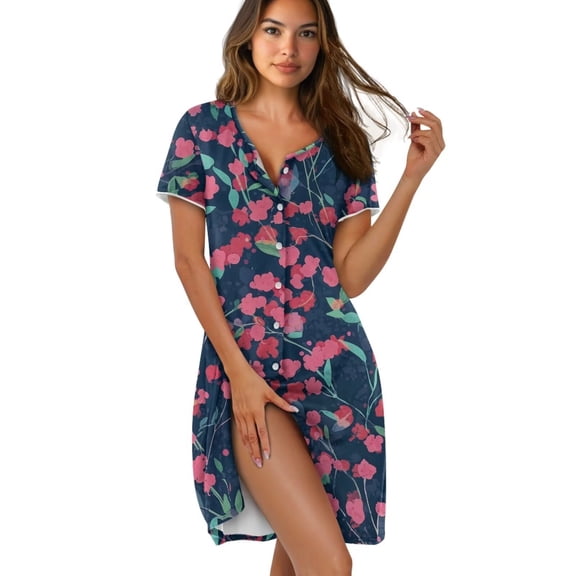 Yuyamidu Flower Nightgowns for Women Short Sleeve House Dress Button Down Casual Nightshirt Print Nightdress