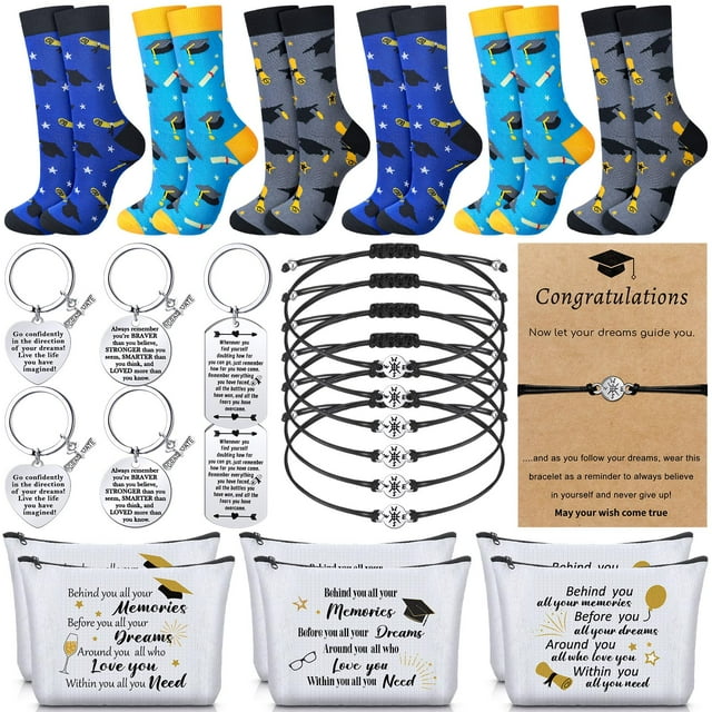 Jiuguva 24 Pcs Graduation Gifts Set Include 6 Graduation Socks 6 Graduation Makeup Bags 6 Graduation Keychains 6 Graduation Compass Wristbands Congrats Grad Class of 2025 Gradua
