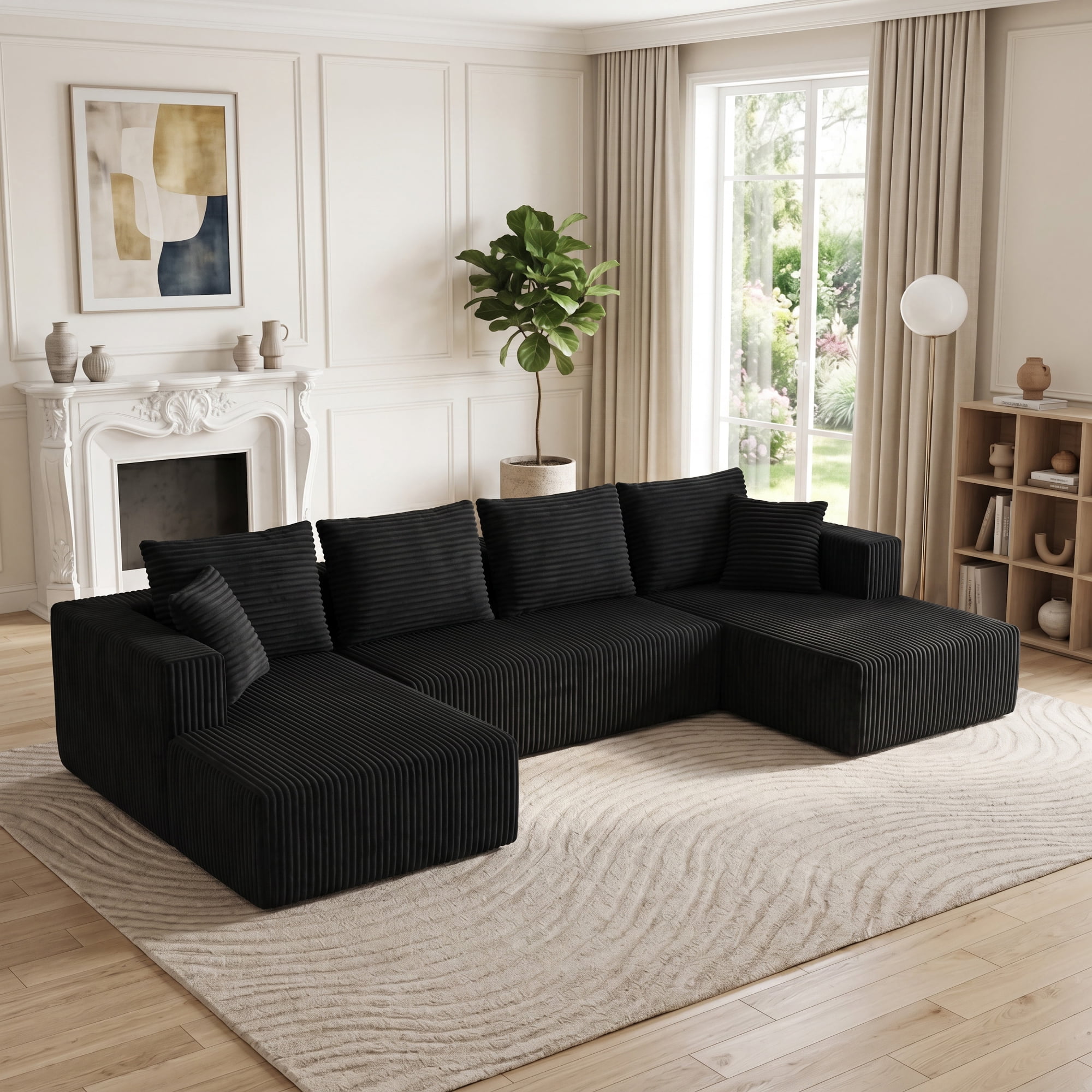 Leumius 132" U Shaped Cloud Couch Sectional Sofa,Modular Sectional Sofa with Double Chaise,Oversized Deep Seat Boneless Couch for Living Room,No Assembly Required,Black