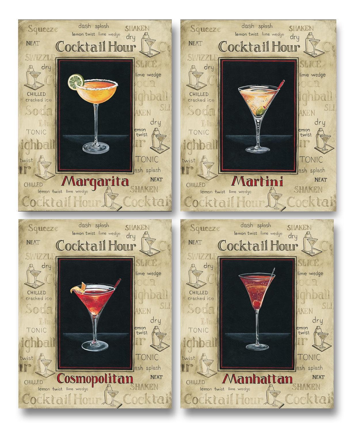 Vintage Cocktail Hour Signs; Manhattan, Margarita, Cosmopolitan