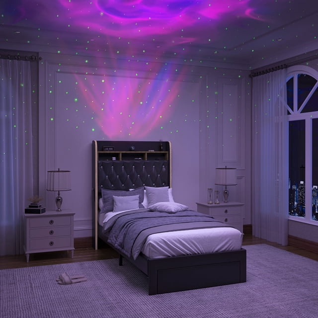 SIBEDS LED Bed Frame with Storage Drawer and Galaxy Star Projector PU Upholstered Black Tufted Wingback Headboard, Twin