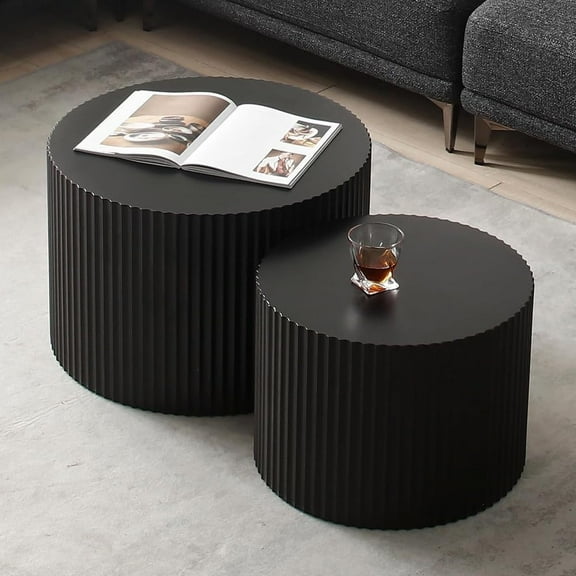 Round Nesting Coffee Table Set of 2 Modern Black Fluted Coffee Table Small Round End Table Side Table Circular Coffee Tables Circle Nested Coffee Tables for Living Room (Black Small)