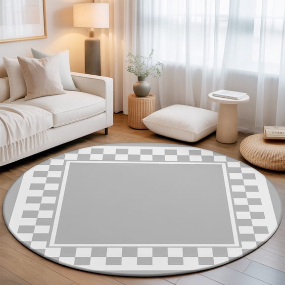 Round Area Rug for Living Room Bedroom, Modern Geometric Checkered Round Rugs Non-slip Floor Carpet, Minimalist Style Gray White Theme Soft Washable Circle Rug 3ft