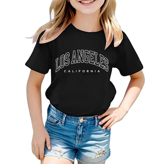 Kids Los Angeles Letter Print T-Shirt, Unisex Crew Neck Short Sleeve Top, Casual Summer Tee for Boys and Girls, Soft Cotton Blend Graphic Shirt, Trendy Youth Clothing for 2-14 Years