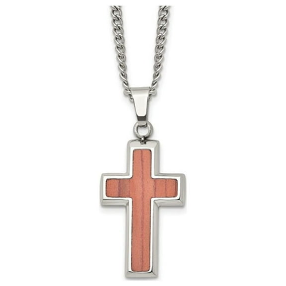 Mens Stainless Steel Polished Wood Inlay Cross Pendant Necklace with Chain for Men