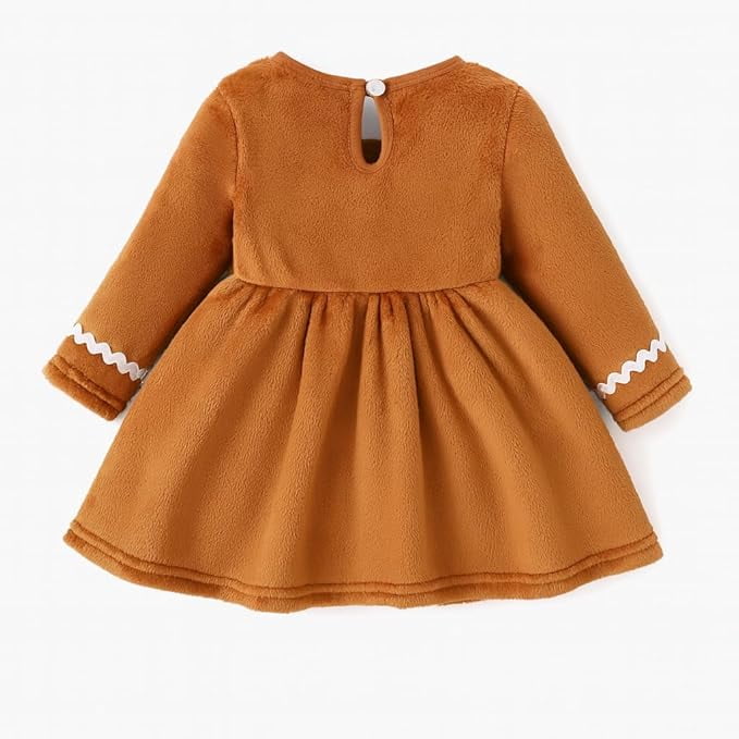 stylesilove Baby Toddler Girl Gingerbread Fleece Long Sleeve Holiday Dress with Red Bow Pom Pom Details Brown Christmas Outfit (12 Months)