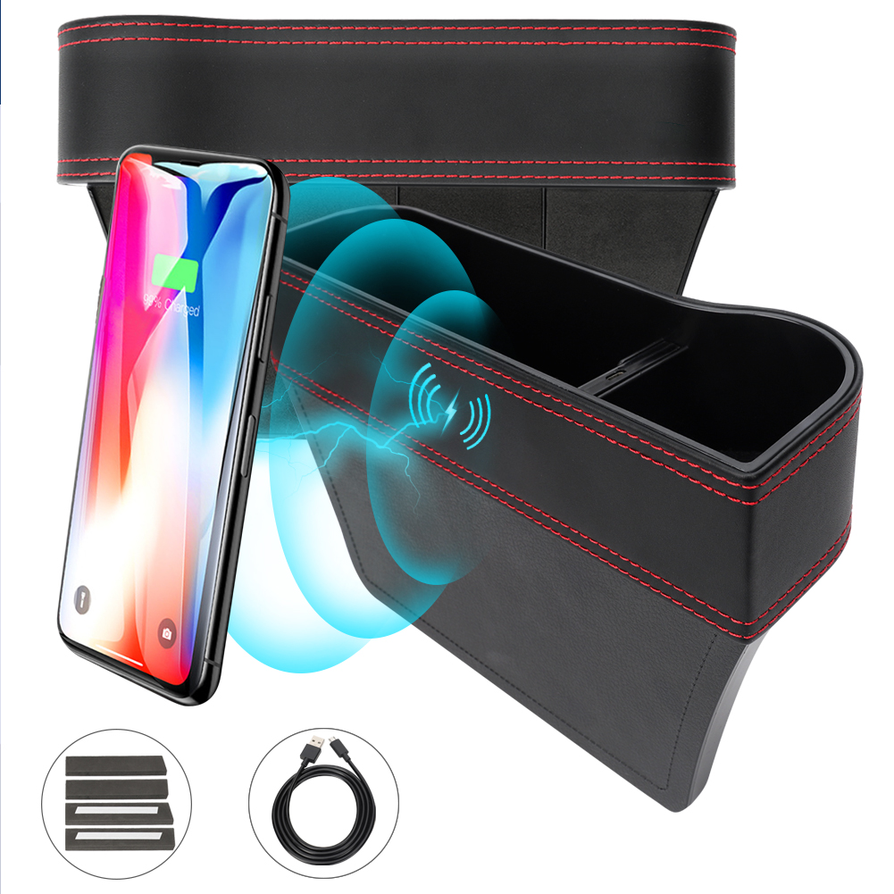 PU Leather Car Organizers and Storage Box with Cup Holder Multifunctional with 15W Wireless Charging Drivers One Magnetic Wireless Charger Car Seat Gap Filler Car Front Seat Gap Organizer