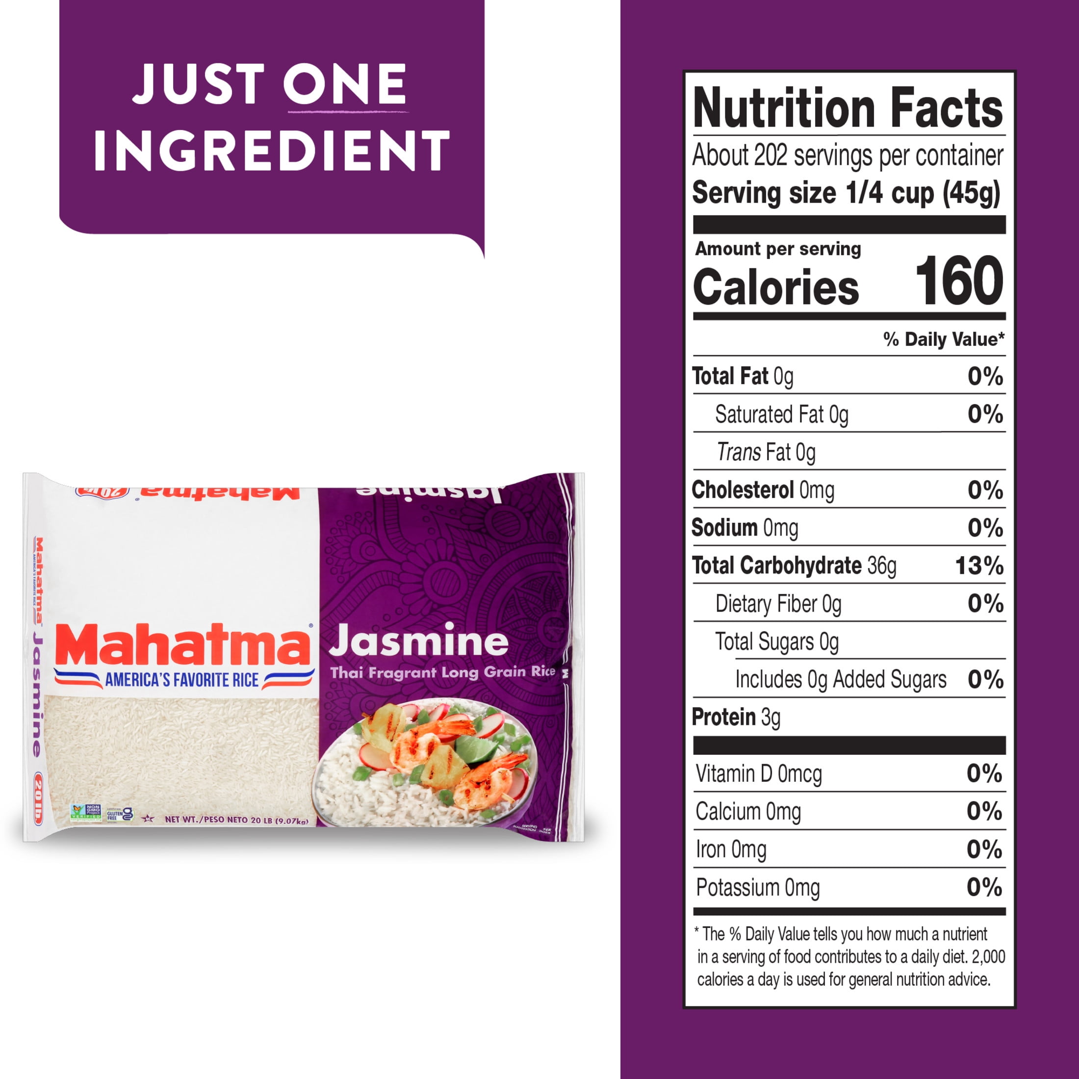 Mahatma Jasmine White Rice, Thai Fragrant Long Grain Rice, 20 lb Bag