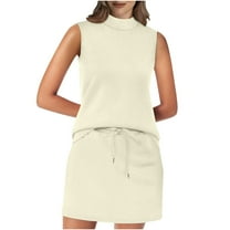 Womens 2 Piece Outfits 2 Piece Skirt Sets for Women Summer Vacation Outfits Solid Drawstring Elastic Waist Tennis Skirt Mock Neck Tank Tops Matching Set New Khaki XL