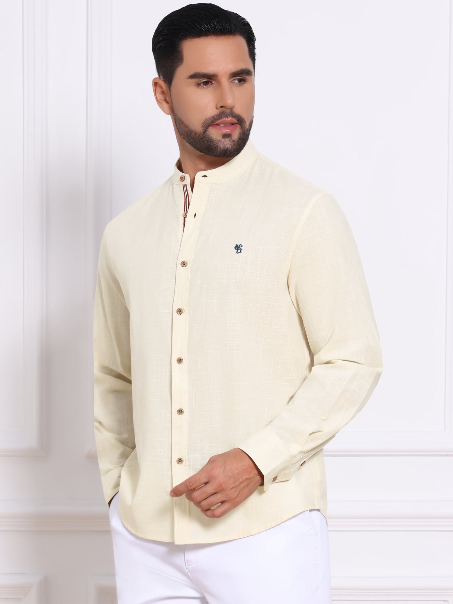 DARING DIVA Men's Stand Collar Long Sleeves Button Down Linen Shirts S Khaki