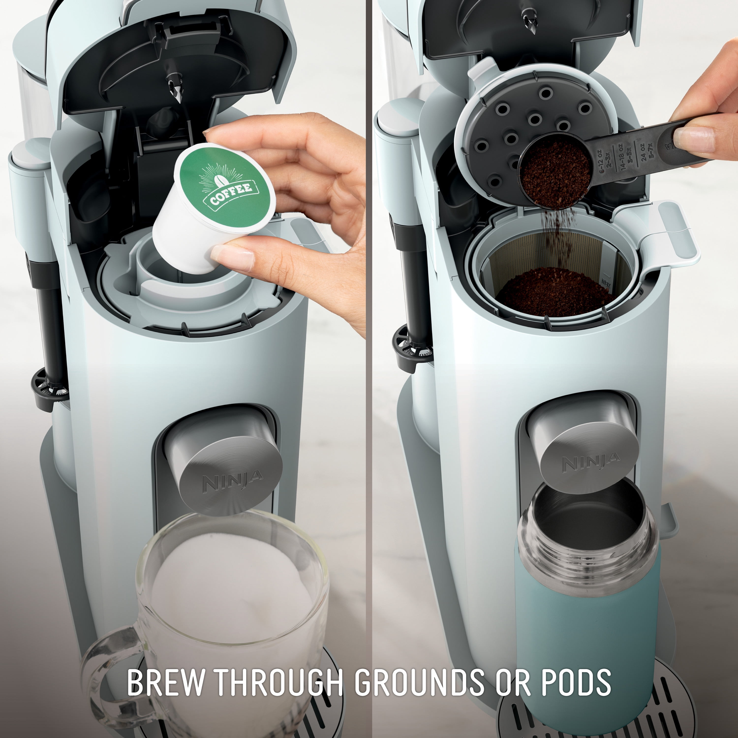 Ninja Pods & Grounds Specialty Single-Serve Coffee Maker, K-Cup Pod Compatible, Built-In Milk Frother, PB051GB, Glacier Blue