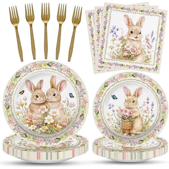 Easter Bunny Party Tableware Set, 100 Pcs Serves 25, Disposable Floral Paper Plates Napkins And Gold Plastic Forks For Spring Birthday Easter Brunch