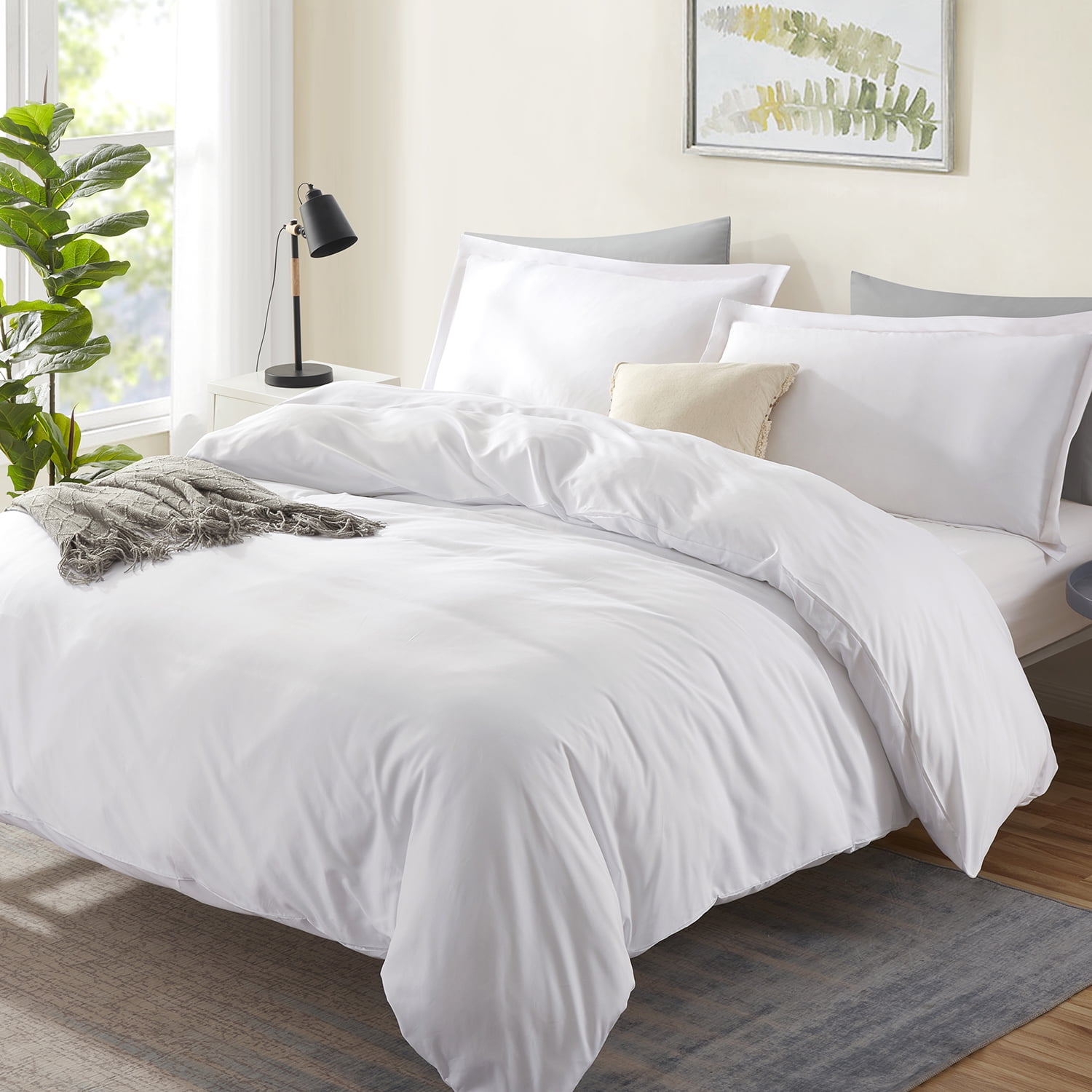 Virtu 3pc Duvet Cover Set, Luxury Microfiber Bedding Set Queen with Pillow Shams, White